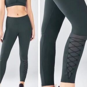 Dark Green Demi Lovato Fabletics Bra and Leggings Set with Lace-Up Detail